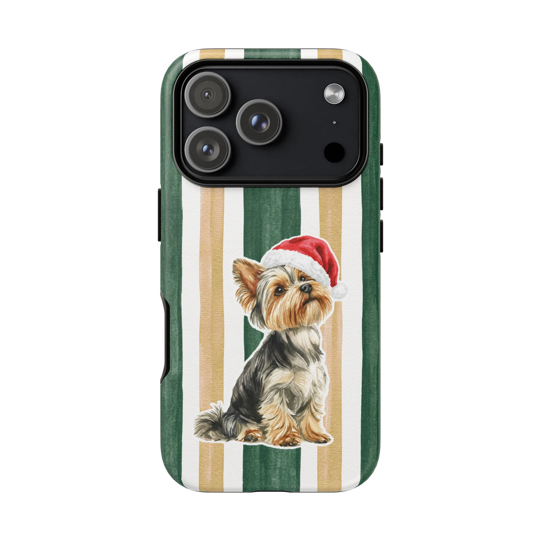 Yorkshire Terrier Christmas Tough iPhone Case, Green Gold Stripes, Santa Dog Phone Cover