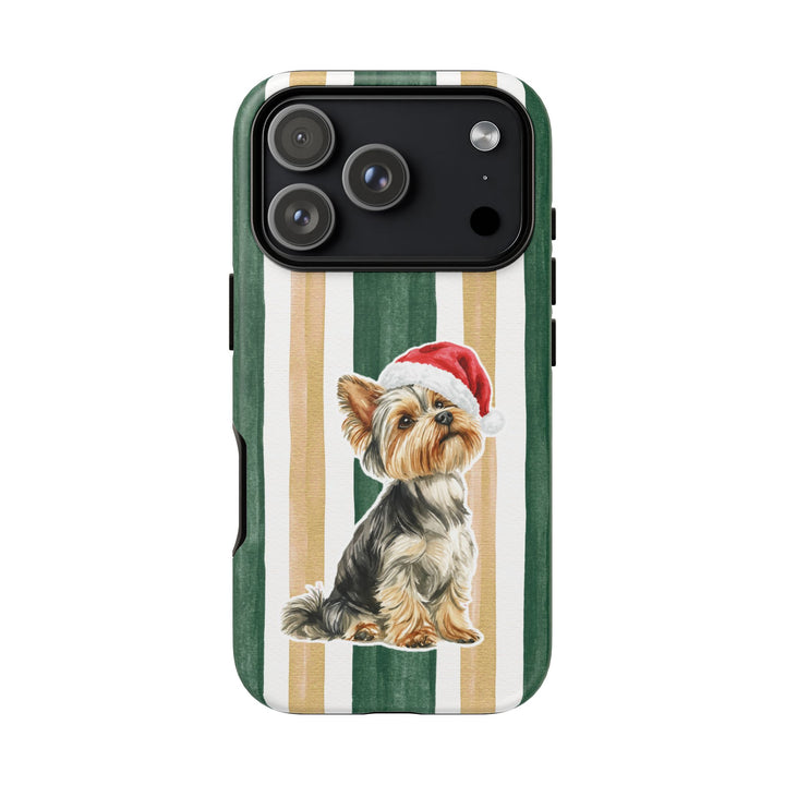 Yorkshire Terrier Christmas Tough iPhone Case, Green Gold Stripes, Santa Dog Phone Cover