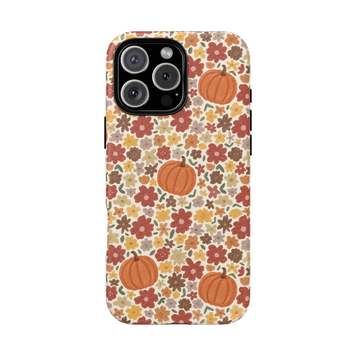 Floral Pumpkin Tough iPhone Case, Warm Autumn Flowers Fall Phone Cover, Matte or Glossy