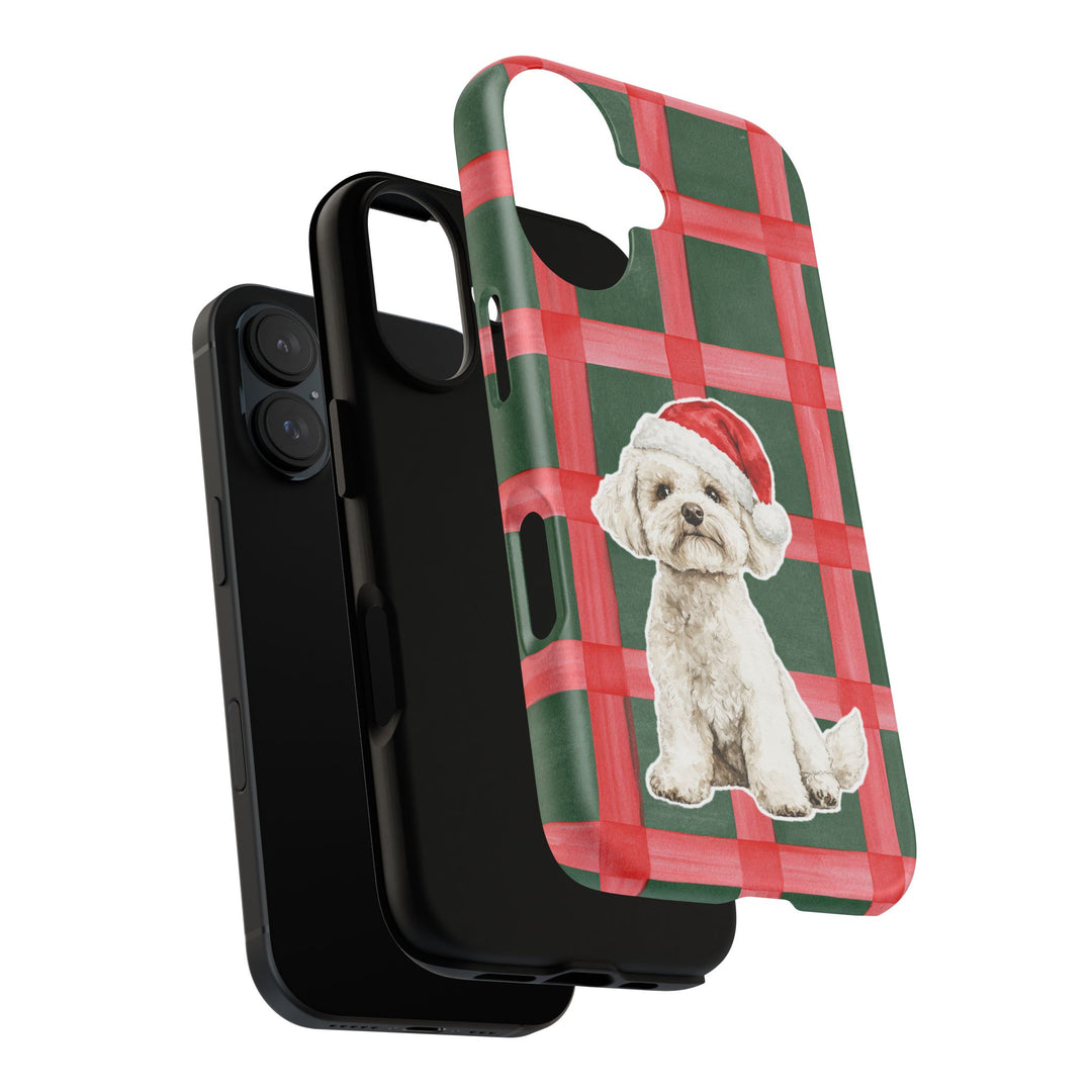 Maltese Christmas Tough iPhone Case, Red Green Plaid, Santa Dog Phone Cover