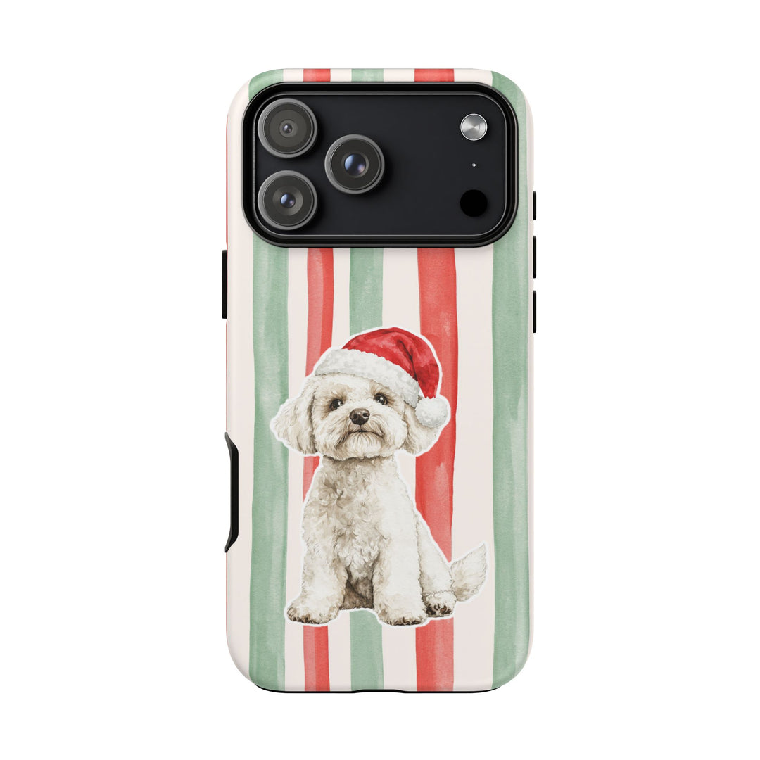 Maltese Christmas Tough iPhone Case, Red Sage Stripes, Santa Dog Phone Cover