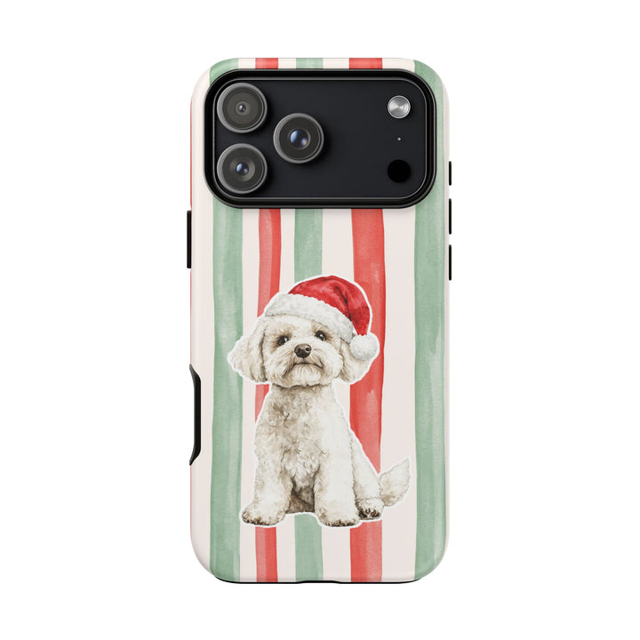 Maltese Christmas Tough iPhone Case, Red Sage Stripes, Santa Dog Phone Cover