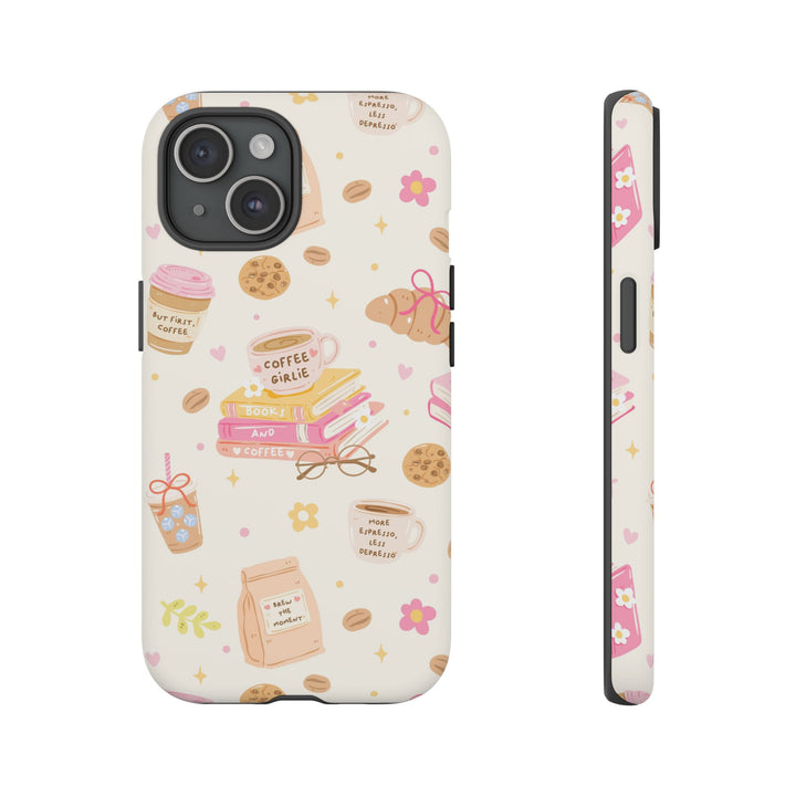 Coffee and Books Tough iPhone Case, Pastel Pink Bookish Phone Cover, Matte or Glossy