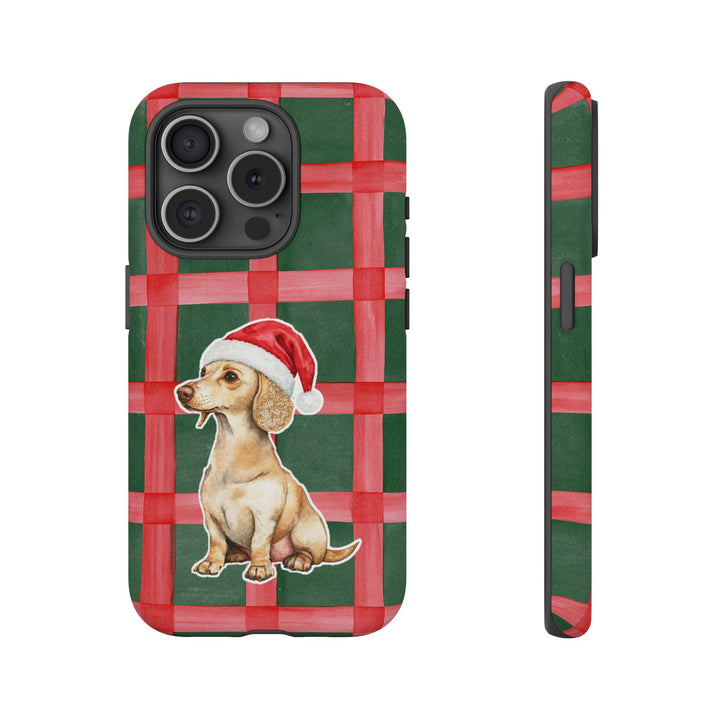 Dachshund Christmas Tough iPhone Case, Red Green Plaid, Santa Dog Phone Cover