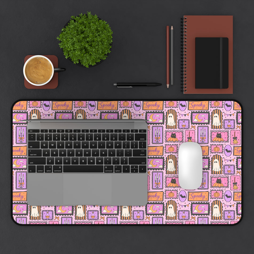 Pink Halloween Frames Desk Mat, Spooky Ghost Black Cat and Pumpkin Desk Pad, Pastel Witchy Large Mouse Pad