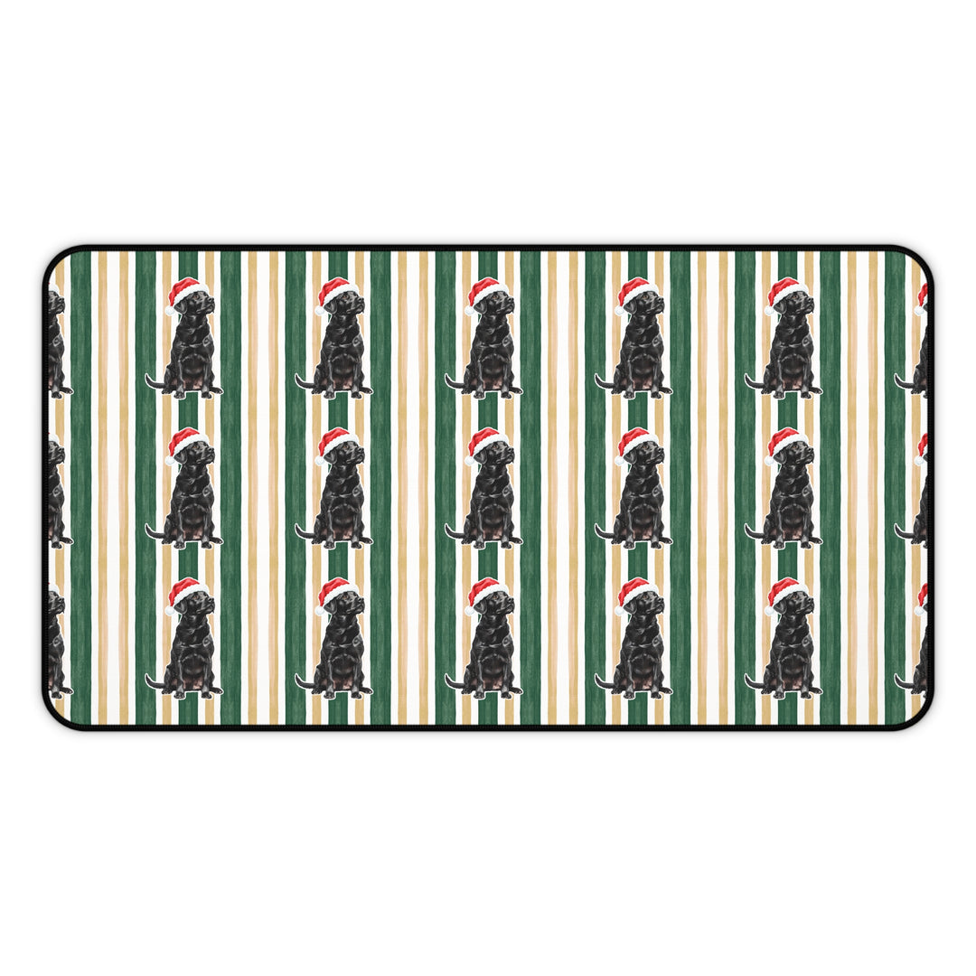 Black Labrador Christmas Desk Mat, Green Gold Stripes, Santa Dog Desk Pad