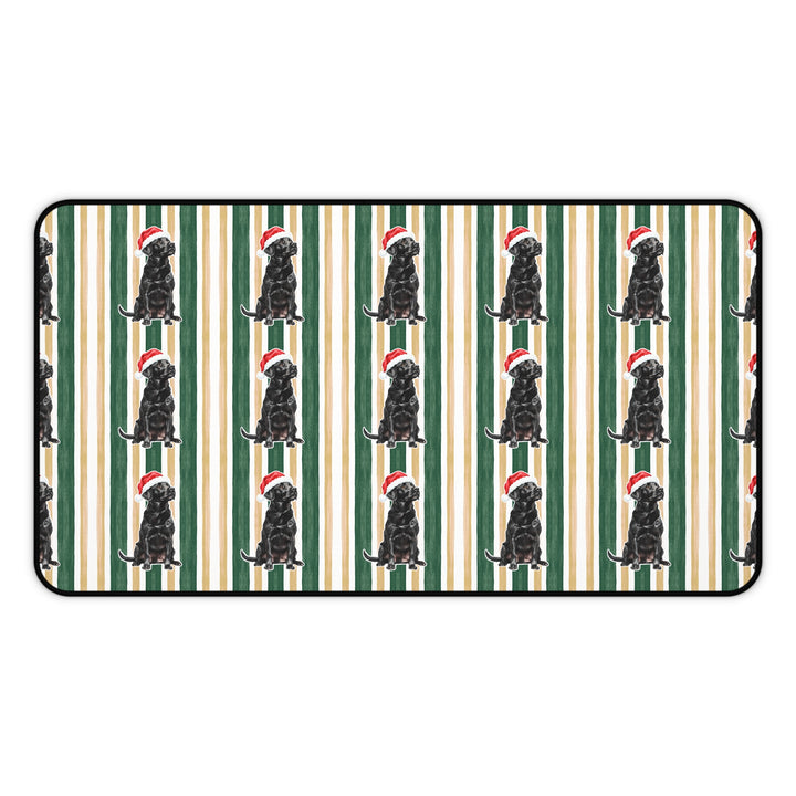Black Labrador Christmas Desk Mat, Green Gold Stripes, Santa Dog Desk Pad