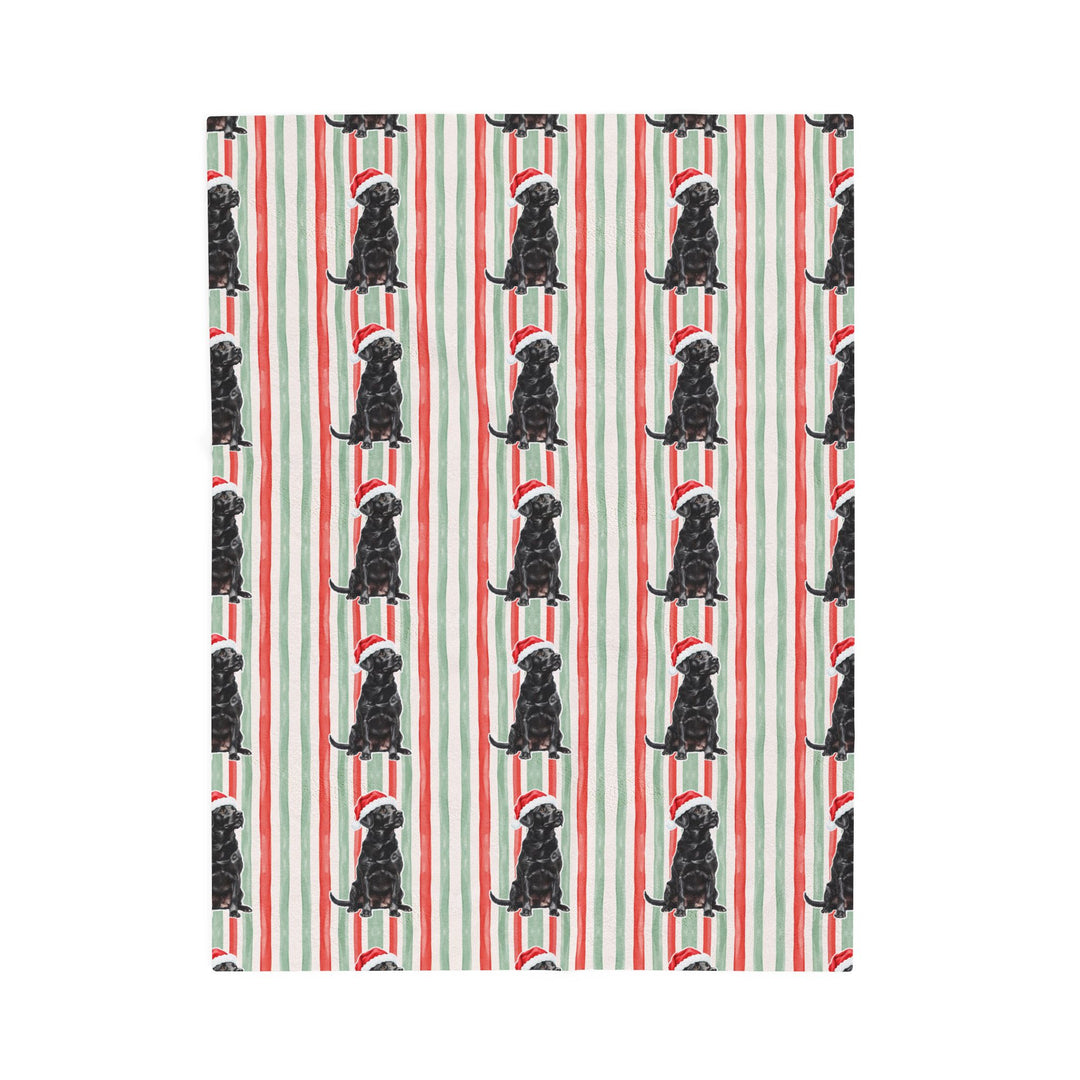 Black Labrador Christmas Velveteen Plush Blanket, Red Sage Stripes, Santa Dog Throw
