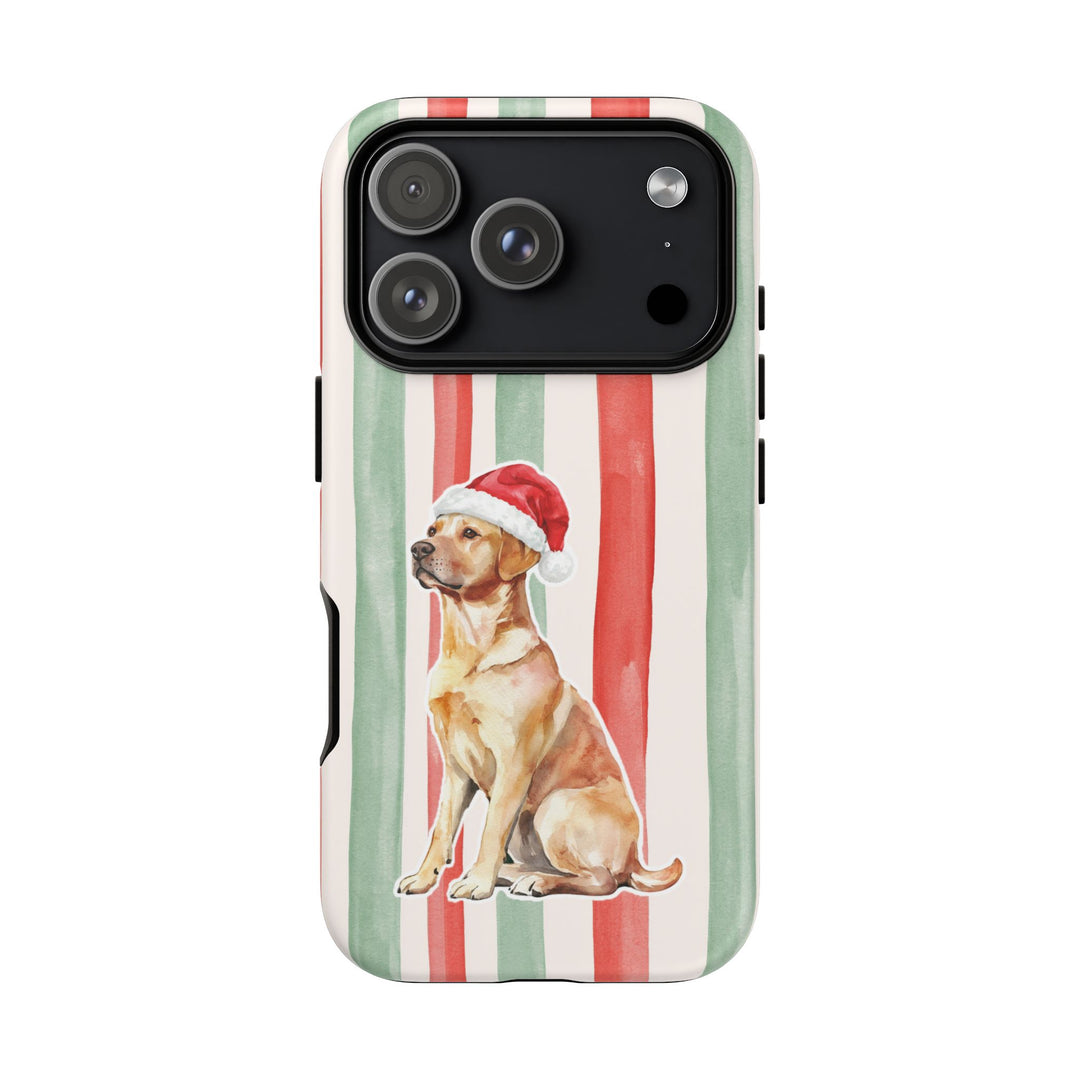 Yellow Labrador Christmas Tough iPhone Case, Red Sage Stripes, Santa Dog Phone Cover