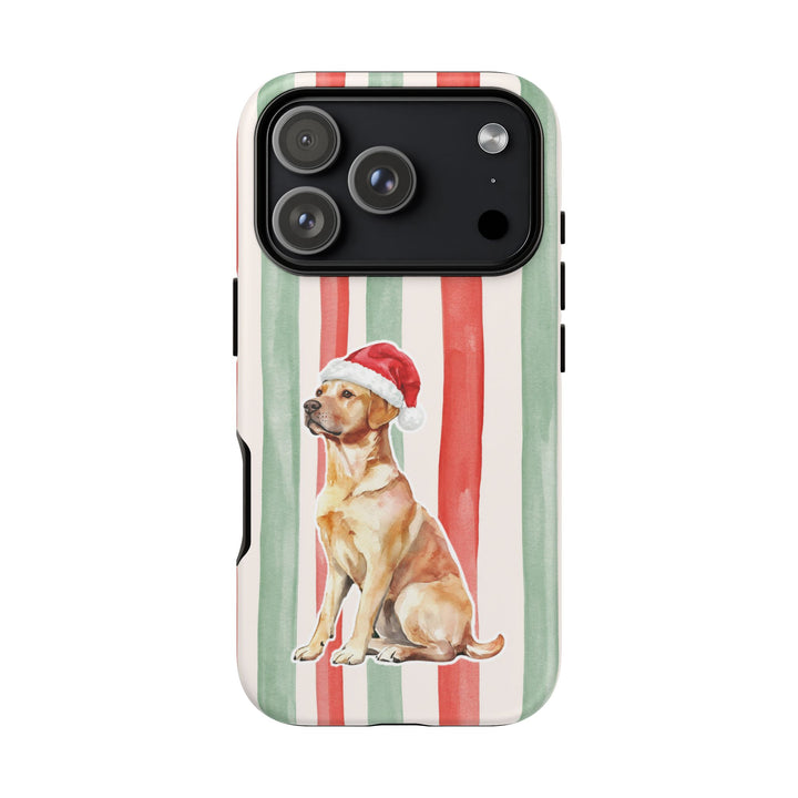 Yellow Labrador Christmas Tough iPhone Case, Red Sage Stripes, Santa Dog Phone Cover