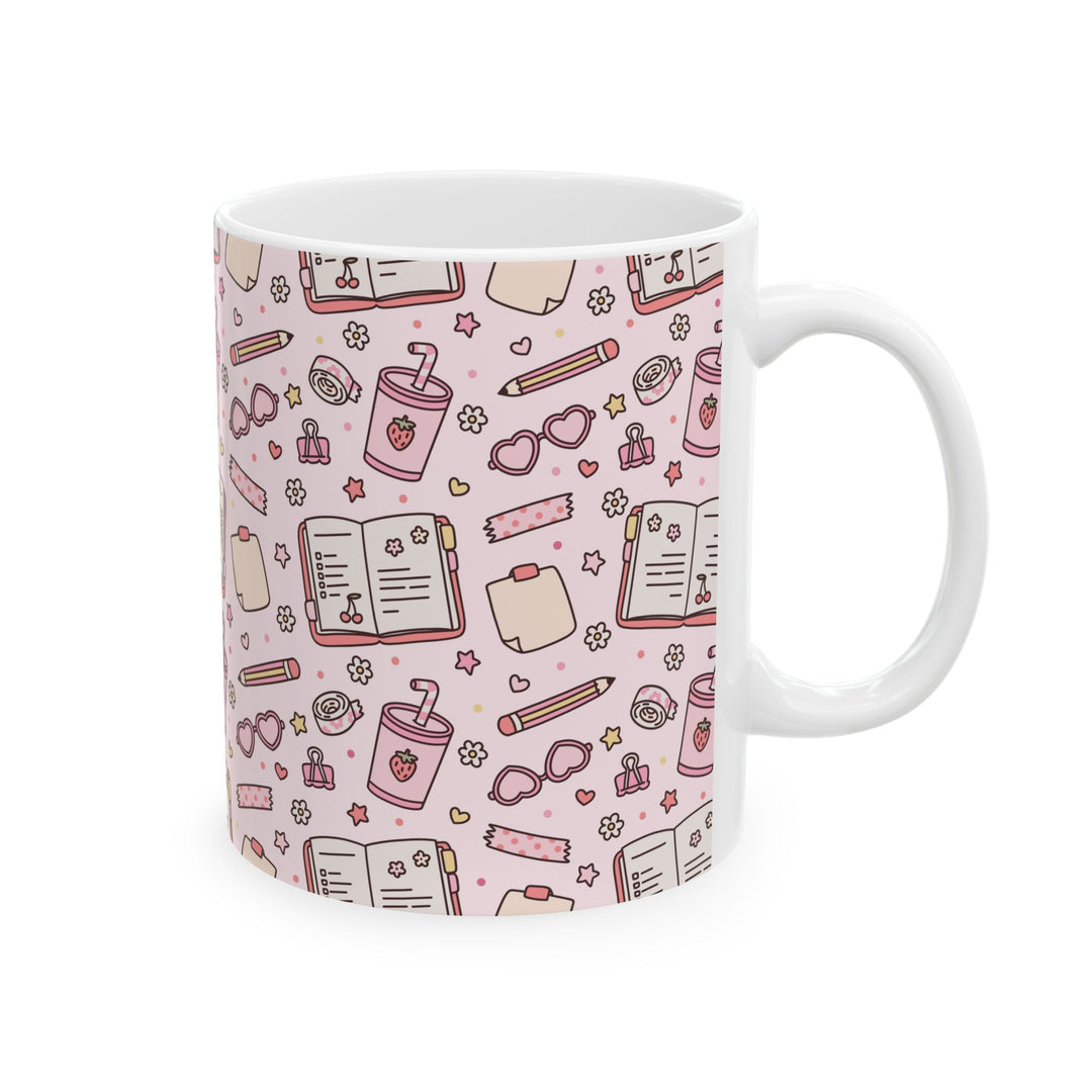Pink Stationery Ceramic Mug, Planner and Pencil Coffee Cup, Back to School Teacher Gift, 11oz and 15oz
