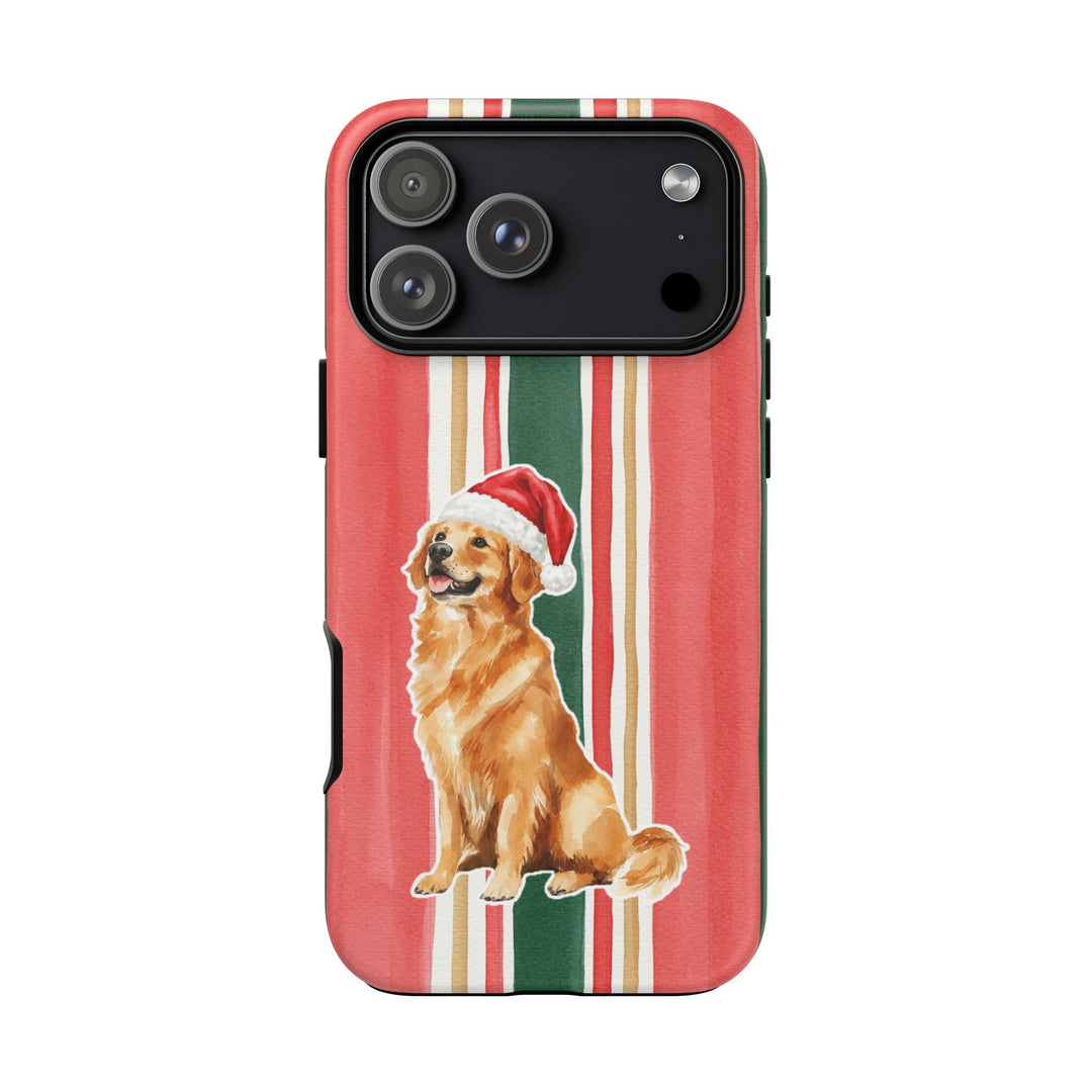 Golden Retriever Christmas Tough iPhone Case, Classic Red Green Stripes, Santa Dog Phone Cover