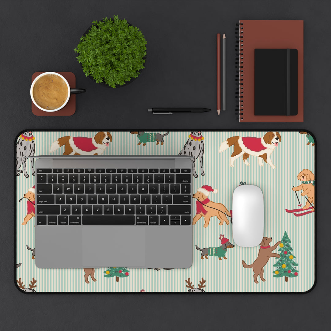 Christmas Dogs Desk Mat, Green Stripe Holiday Dog Desk Pad, Festive Office Decor