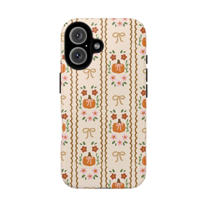 Girly Fall Pumpkin Bow Tough iPhone Case, Scalloped Floral Autumn Phone Cover, Matte or Glossy