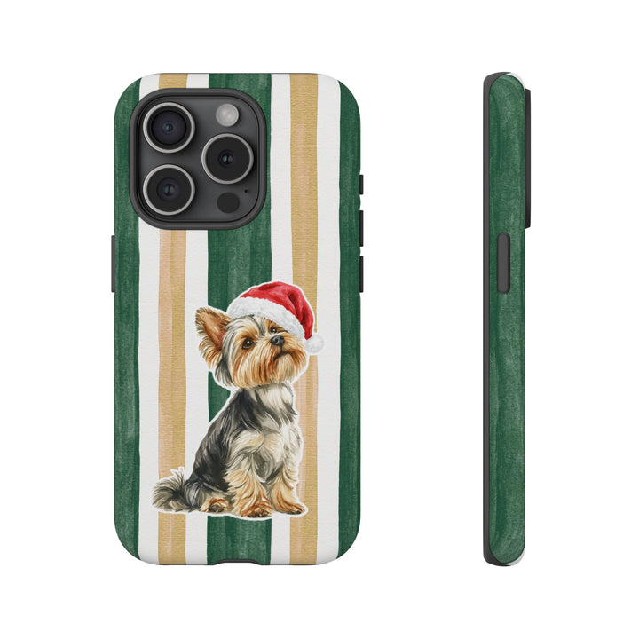 Yorkshire Terrier Christmas Tough iPhone Case, Green Gold Stripes, Santa Dog Phone Cover