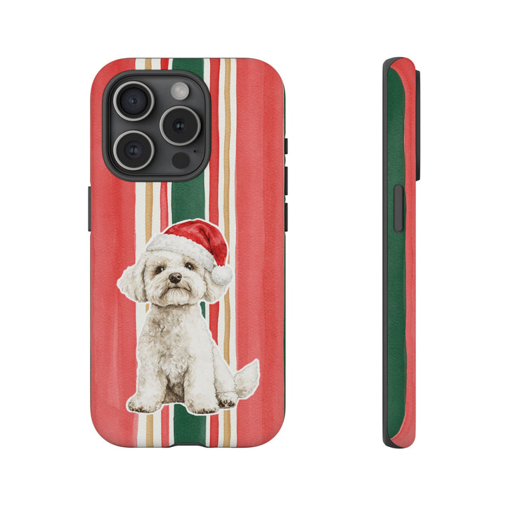 Maltese Christmas Tough iPhone Case, Classic Red Green Stripes, Santa Dog Phone Cover