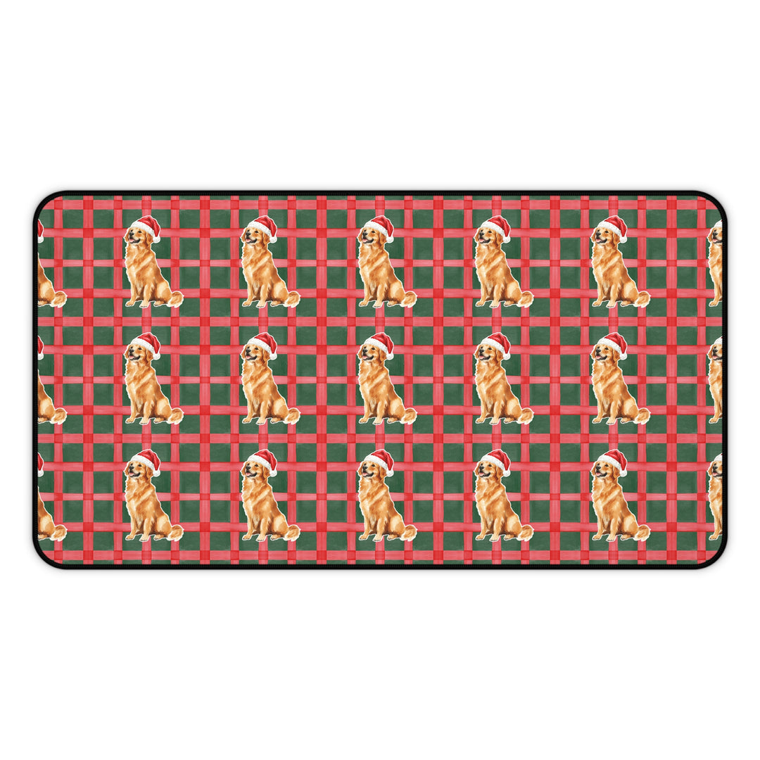 Golden Retriever Christmas Desk Mat, Red Green Plaid, Santa Dog Desk Pad