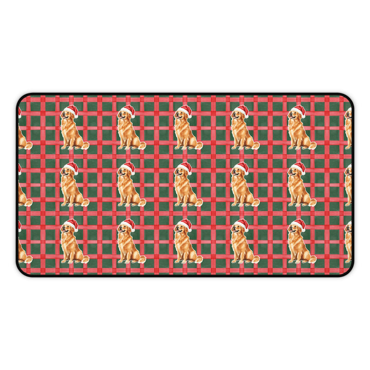 Golden Retriever Christmas Desk Mat, Red Green Plaid, Santa Dog Desk Pad