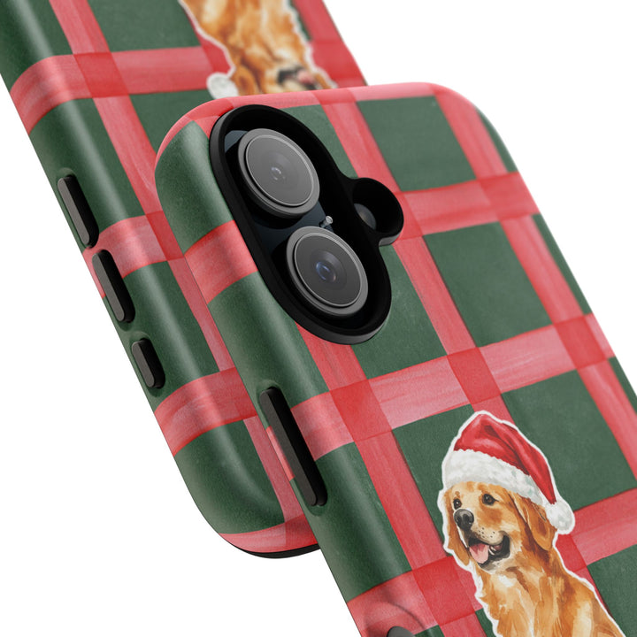 Golden Retriever Christmas Tough iPhone Case, Red Green Plaid, Santa Dog Phone Cover