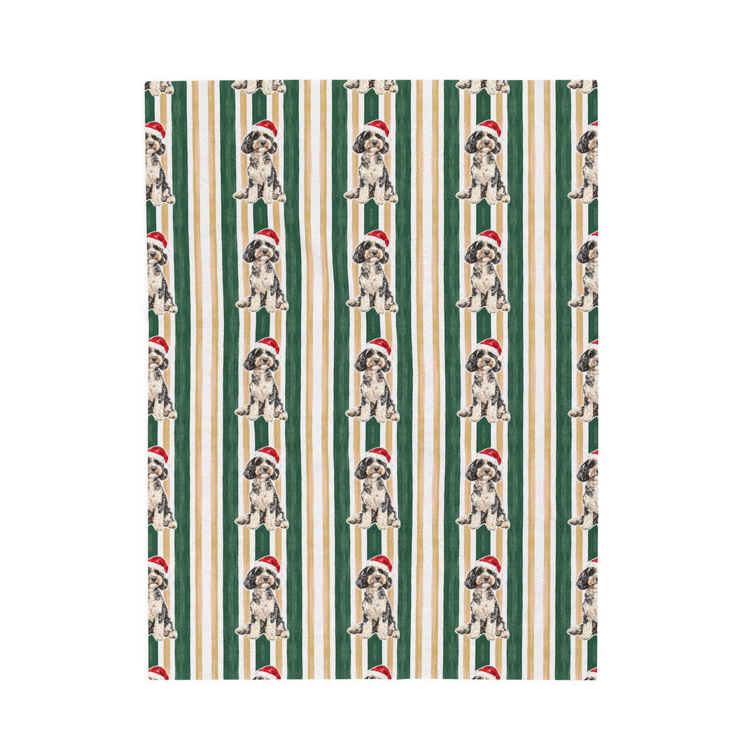 Doodle Christmas Velveteen Plush Blanket, Green Gold Stripes, Santa Dog Throw