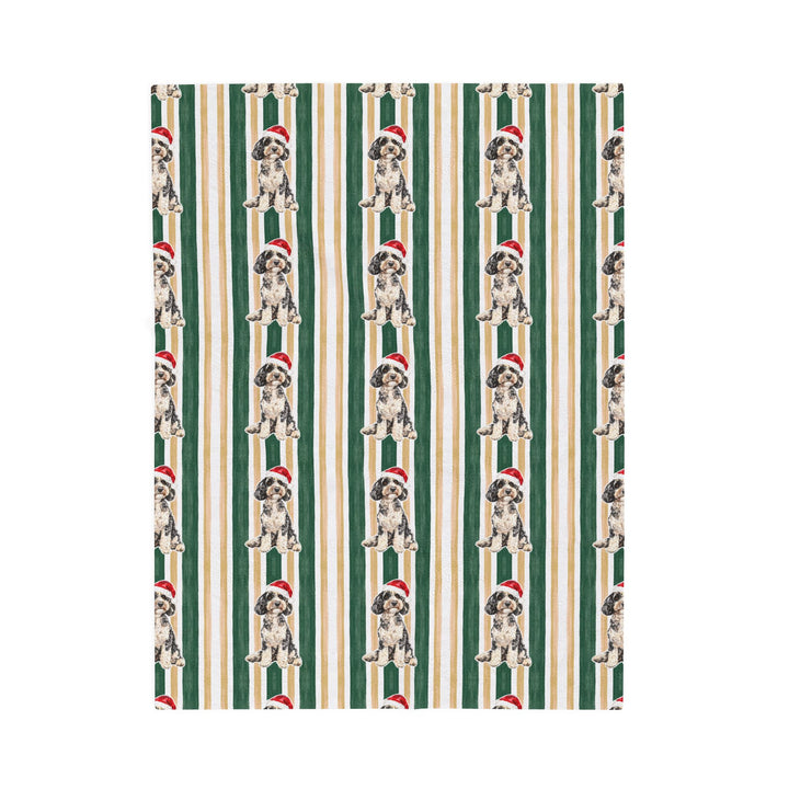 Doodle Christmas Velveteen Plush Blanket, Green Gold Stripes, Santa Dog Throw