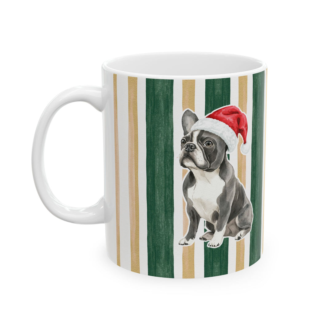 French Bulldog Christmas Mug, Green Gold Stripes, 11oz White Ceramic