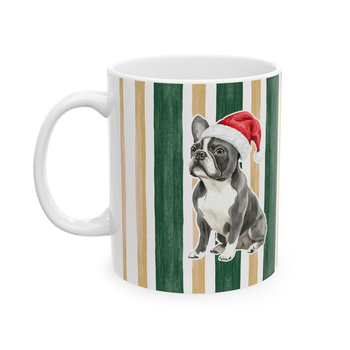 French Bulldog Christmas Mug, Green Gold Stripes, 11oz White Ceramic