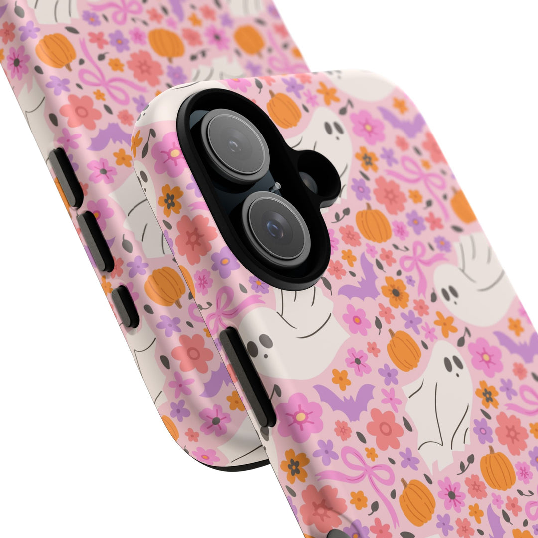Pink Floral Ghost Tough iPhone Case, Cute Halloween Pumpkin Bat Phone Cover, Matte or Glossy