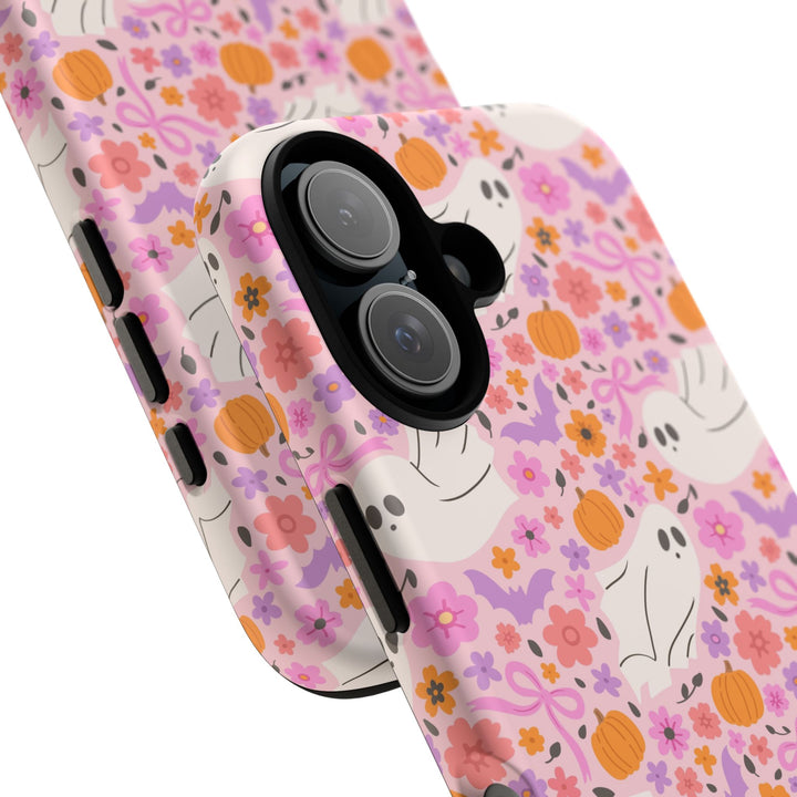 Pink Floral Ghost Tough iPhone Case, Cute Halloween Pumpkin Bat Phone Cover, Matte or Glossy