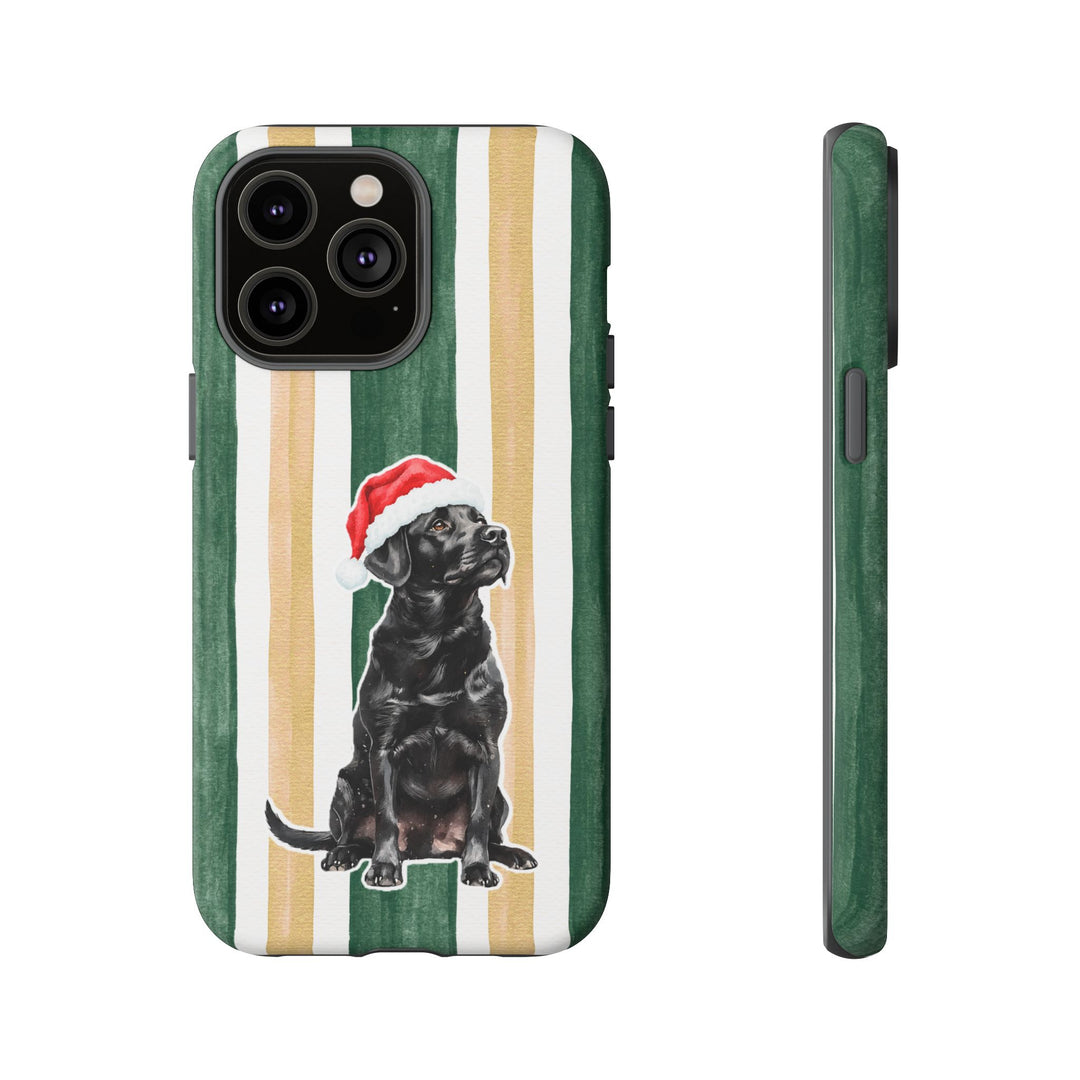 Black Labrador Christmas Tough iPhone Case, Green Gold Stripes, Santa Dog Phone Cover