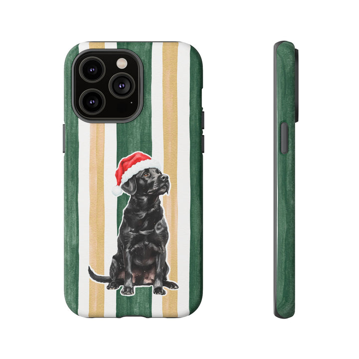 Black Labrador Christmas Tough iPhone Case, Green Gold Stripes, Santa Dog Phone Cover
