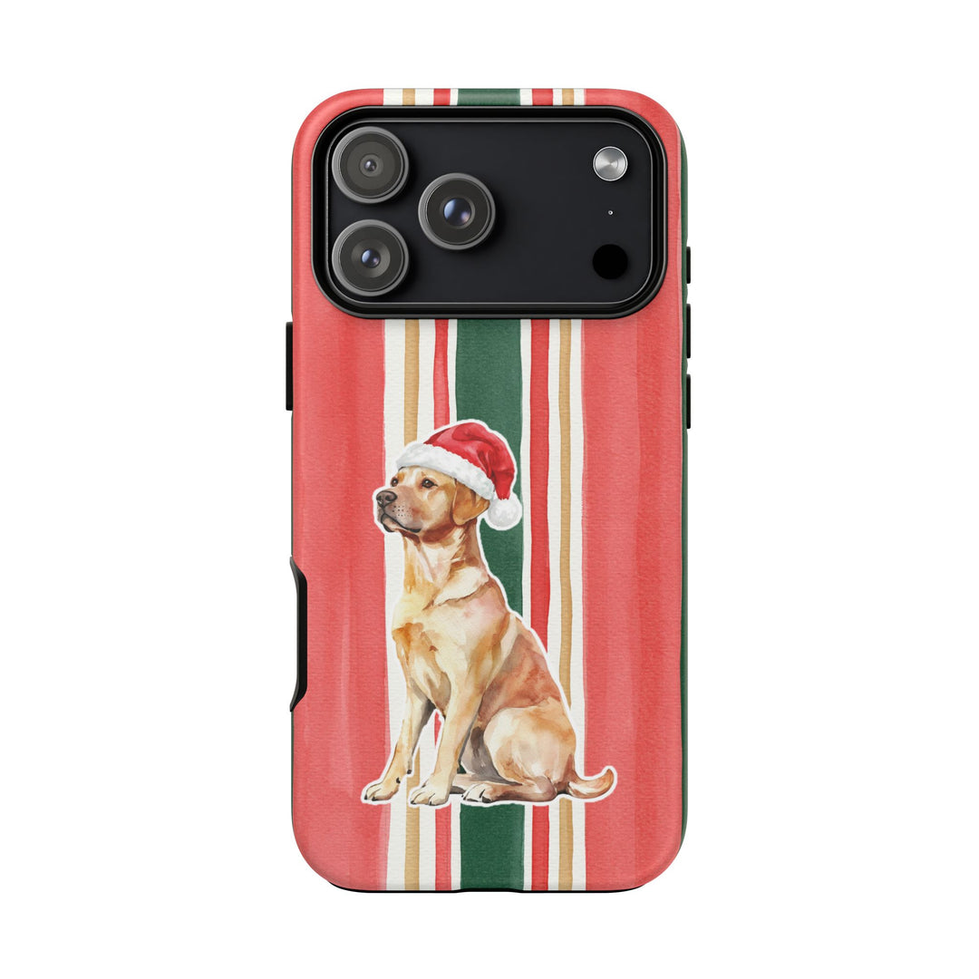 Yellow Labrador Christmas Tough iPhone Case, Classic Red Green Stripes, Santa Dog Phone Cover