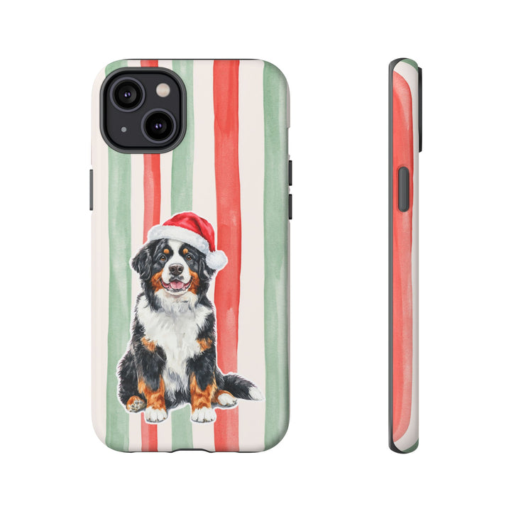 Bernese Mountain Dog Christmas Tough iPhone Case, Red Sage Stripes, Santa Dog Phone Cover