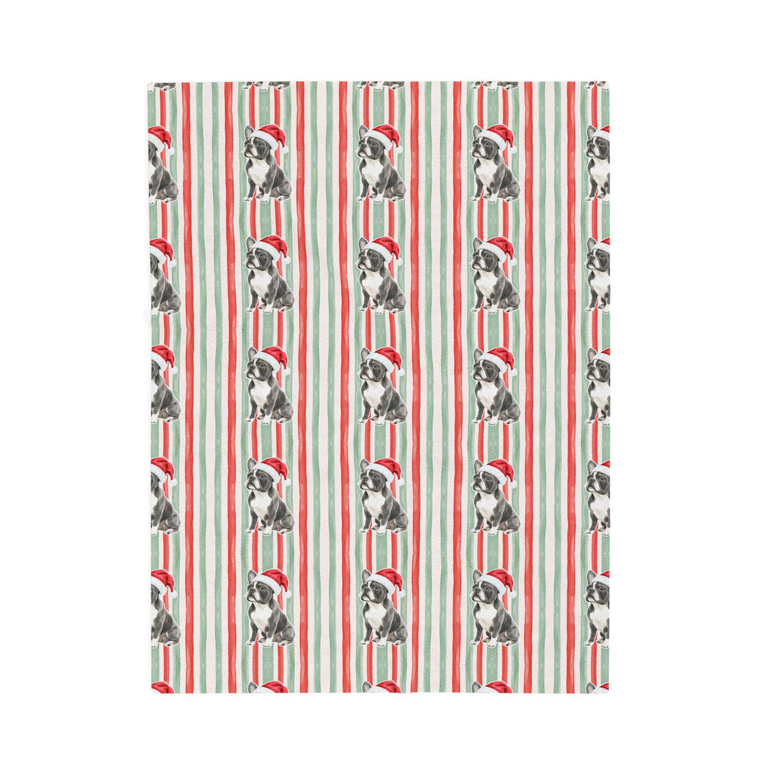 French Bulldog Christmas Velveteen Plush Blanket, Red Sage Stripes, Santa Dog Throw