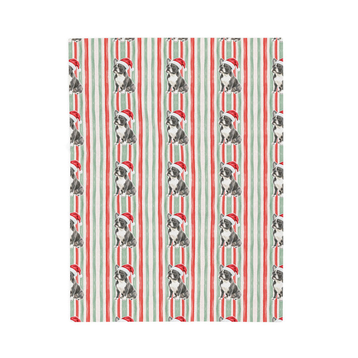 French Bulldog Christmas Velveteen Plush Blanket, Red Sage Stripes, Santa Dog Throw