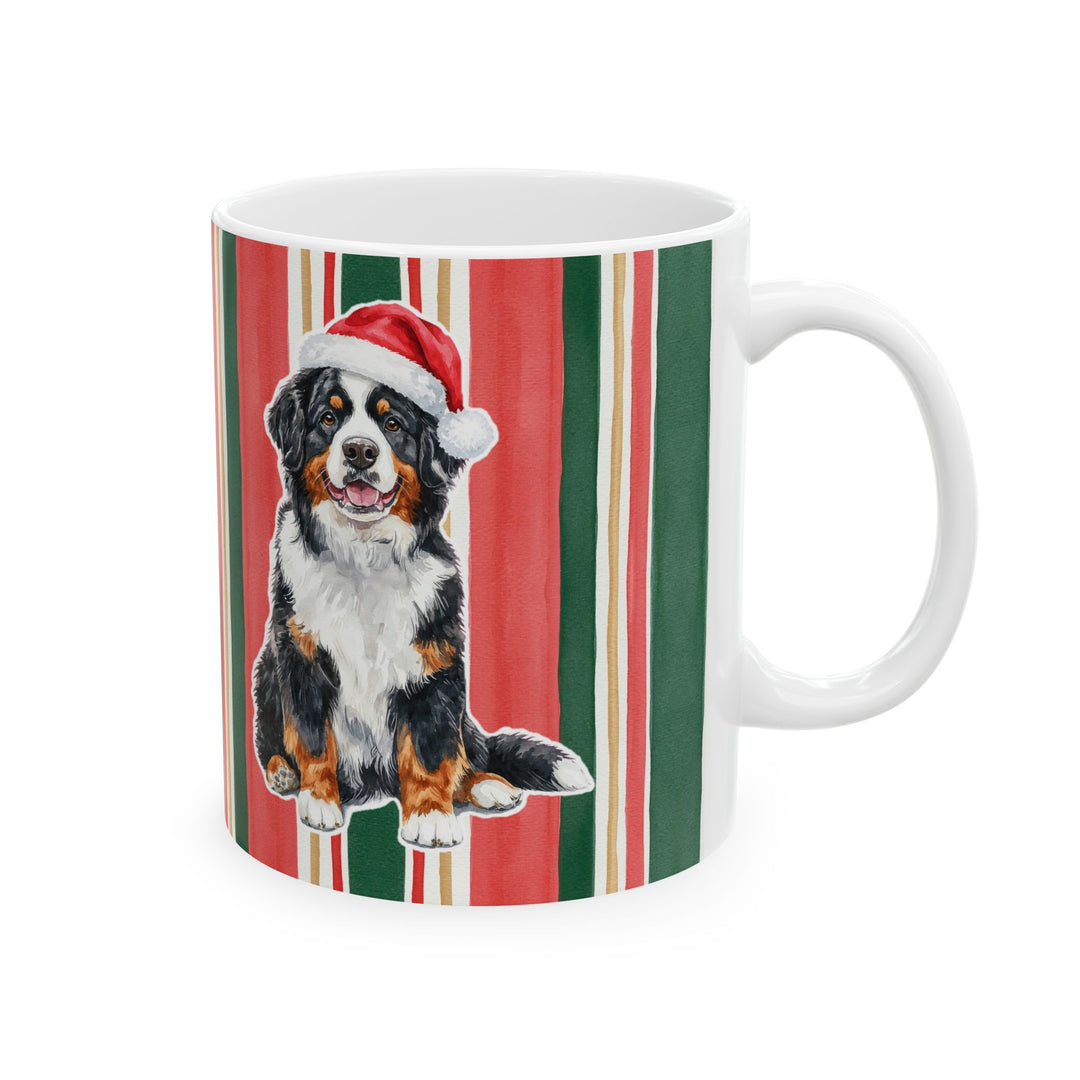Bernese Mountain Dog Christmas Mug, Classic Christmas Stripes, 11oz White Ceramic