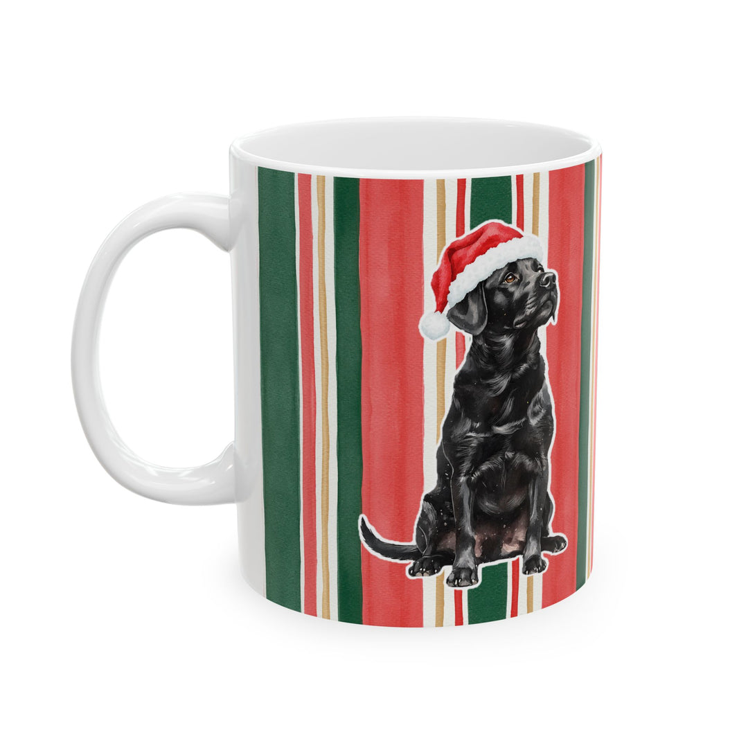 Black Labrador Christmas Mug, Classic Christmas Stripes, 11oz White Ceramic