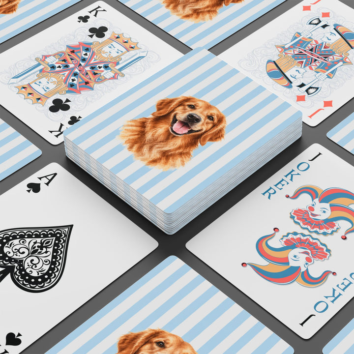 Custom Watercolor Dog Playing Cards, Light Blue White Stripes, Personalized Pet Photo Poker Deck