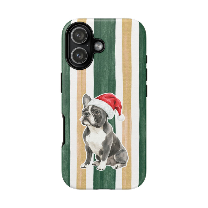 French Bulldog Christmas Tough iPhone Case, Green Gold Stripes, Santa Dog Phone Cover