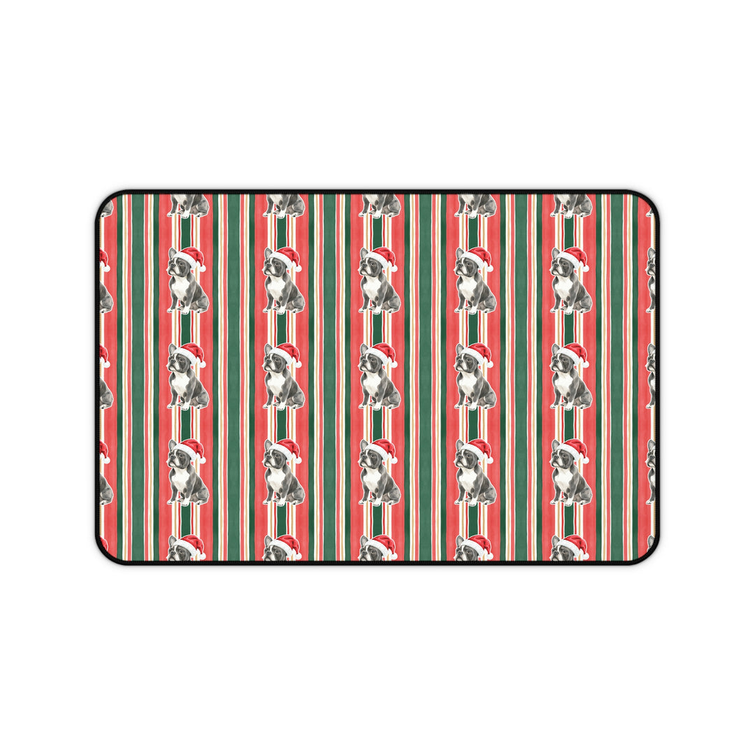 French Bulldog Christmas Desk Mat, Classic Red Green Stripes, Santa Dog Desk Pad