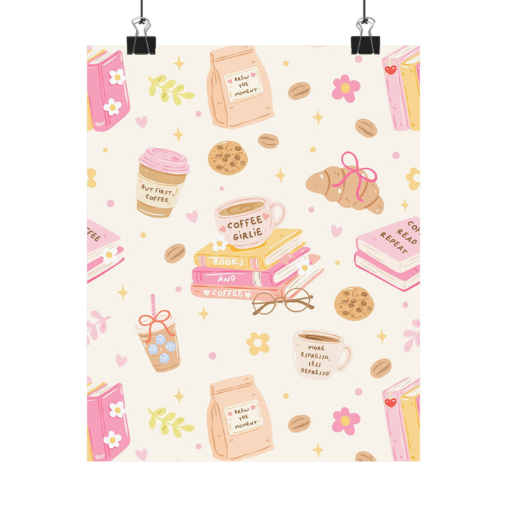 Coffee and Books Matte Vertical Poster, Pastel Pink Bookish Wall Art, Reading Nook Decor