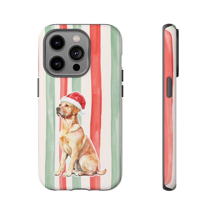 Yellow Labrador Christmas Tough iPhone Case, Red Sage Stripes, Santa Dog Phone Cover