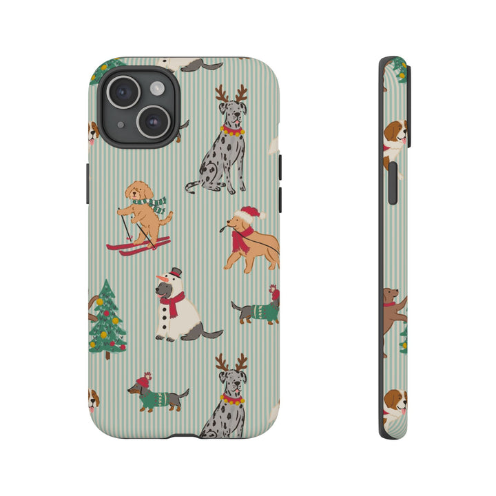 Christmas Dogs Tough iPhone Case, Green Stripe Holiday Dog Phone Cover, Matte or Glossy
