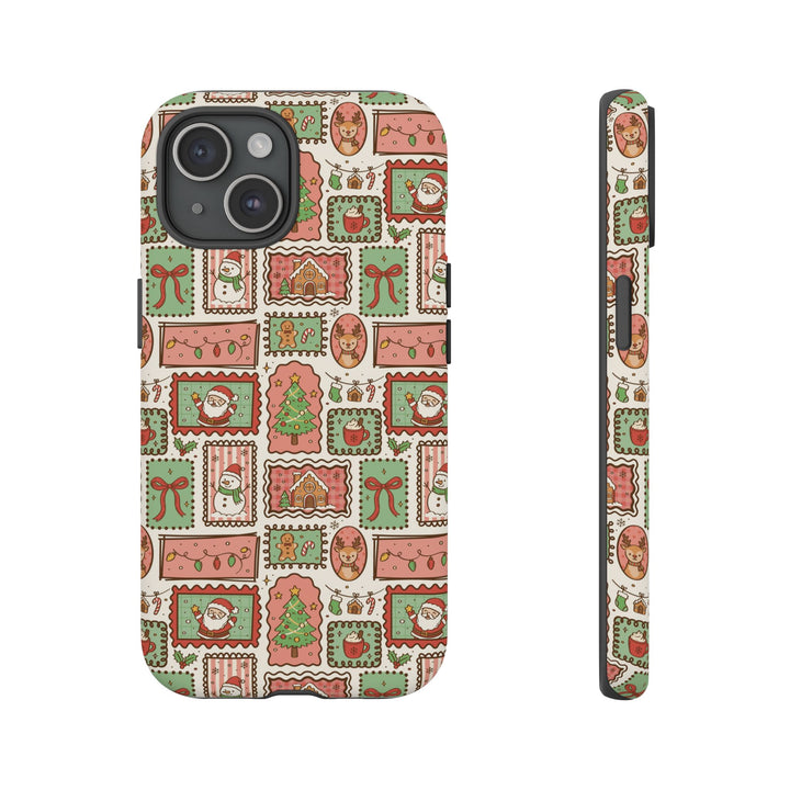 Vintage Christmas Frames Tough iPhone Case, Santa Snowman Gingerbread Holiday Phone Cover, Matte or Glossy