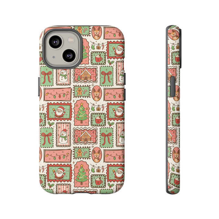 Vintage Christmas Frames Tough iPhone Case, Santa Snowman Gingerbread Holiday Phone Cover, Matte or Glossy