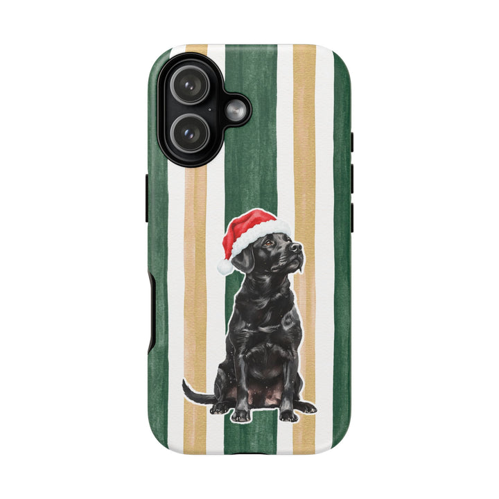 Black Labrador Christmas Tough iPhone Case, Green Gold Stripes, Santa Dog Phone Cover