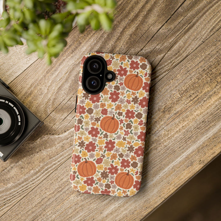 Floral Pumpkin Tough iPhone Case, Warm Autumn Flowers Fall Phone Cover, Matte or Glossy
