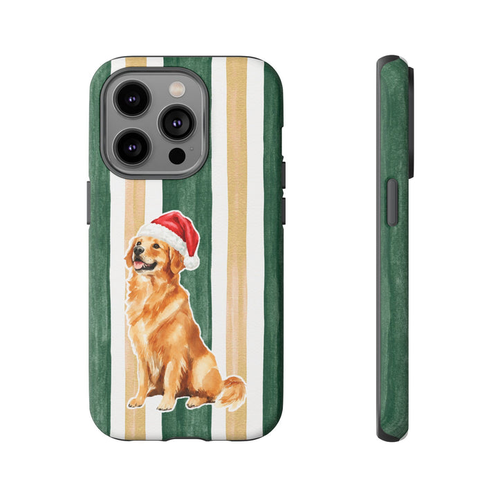 Golden Retriever Christmas Tough iPhone Case, Green Gold Stripes, Santa Dog Phone Cover