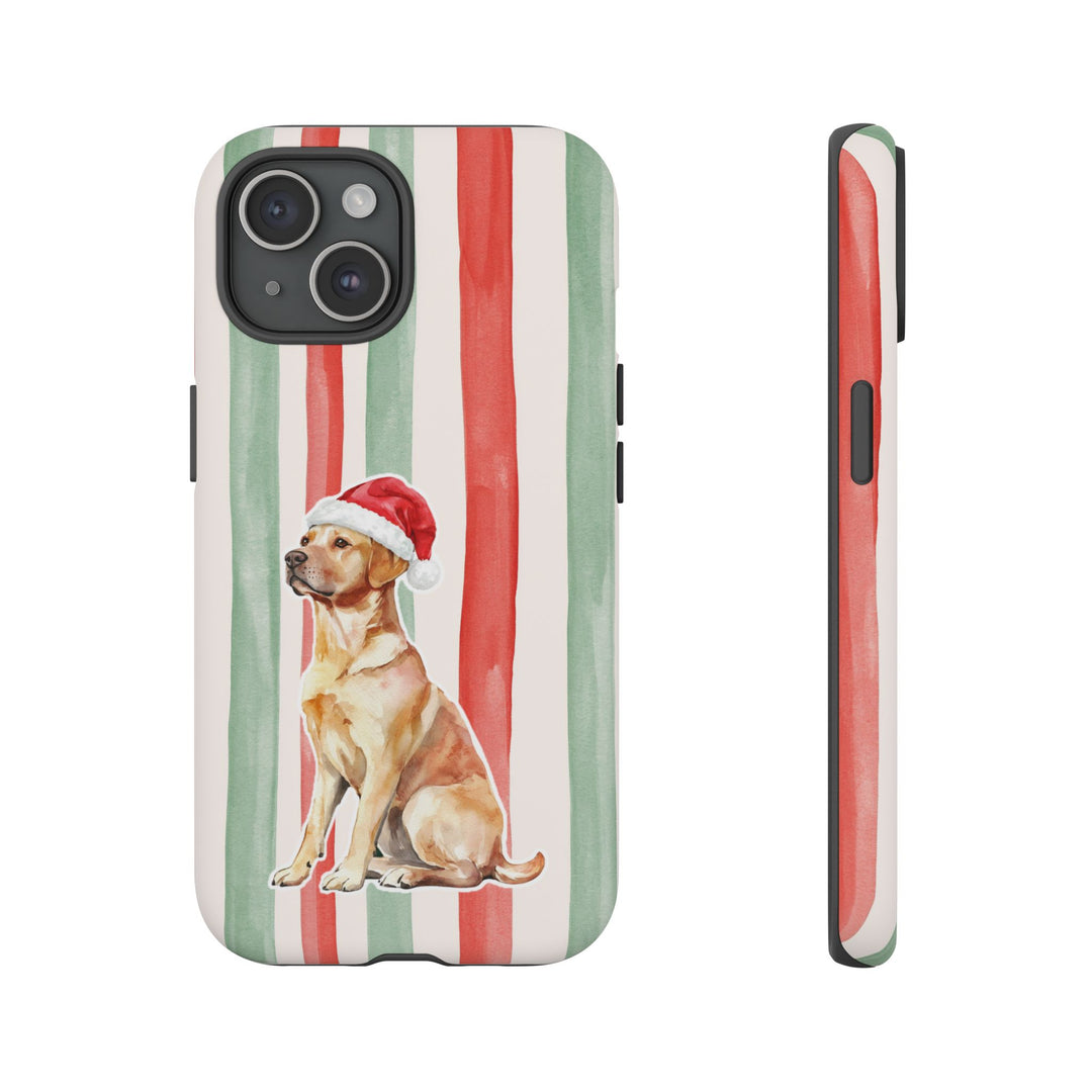 Yellow Labrador Christmas Tough iPhone Case, Red Sage Stripes, Santa Dog Phone Cover