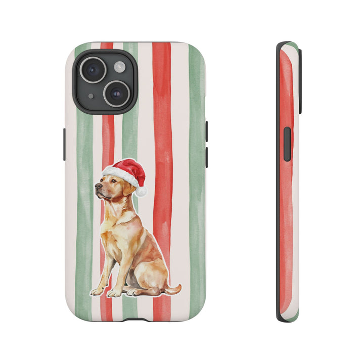 Yellow Labrador Christmas Tough iPhone Case, Red Sage Stripes, Santa Dog Phone Cover